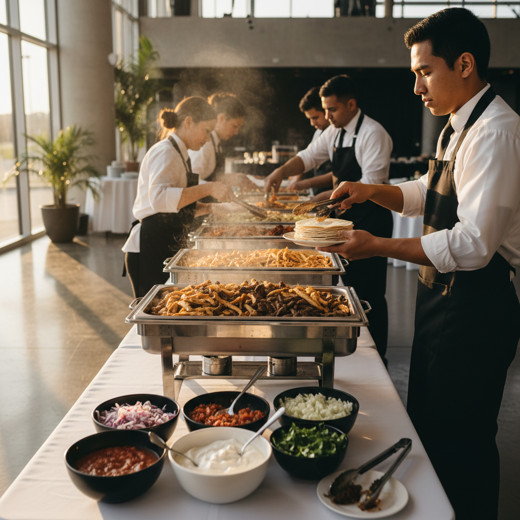 Catering team setting up chafing dishes with grilled fajitas and tortillas for a Toronto event