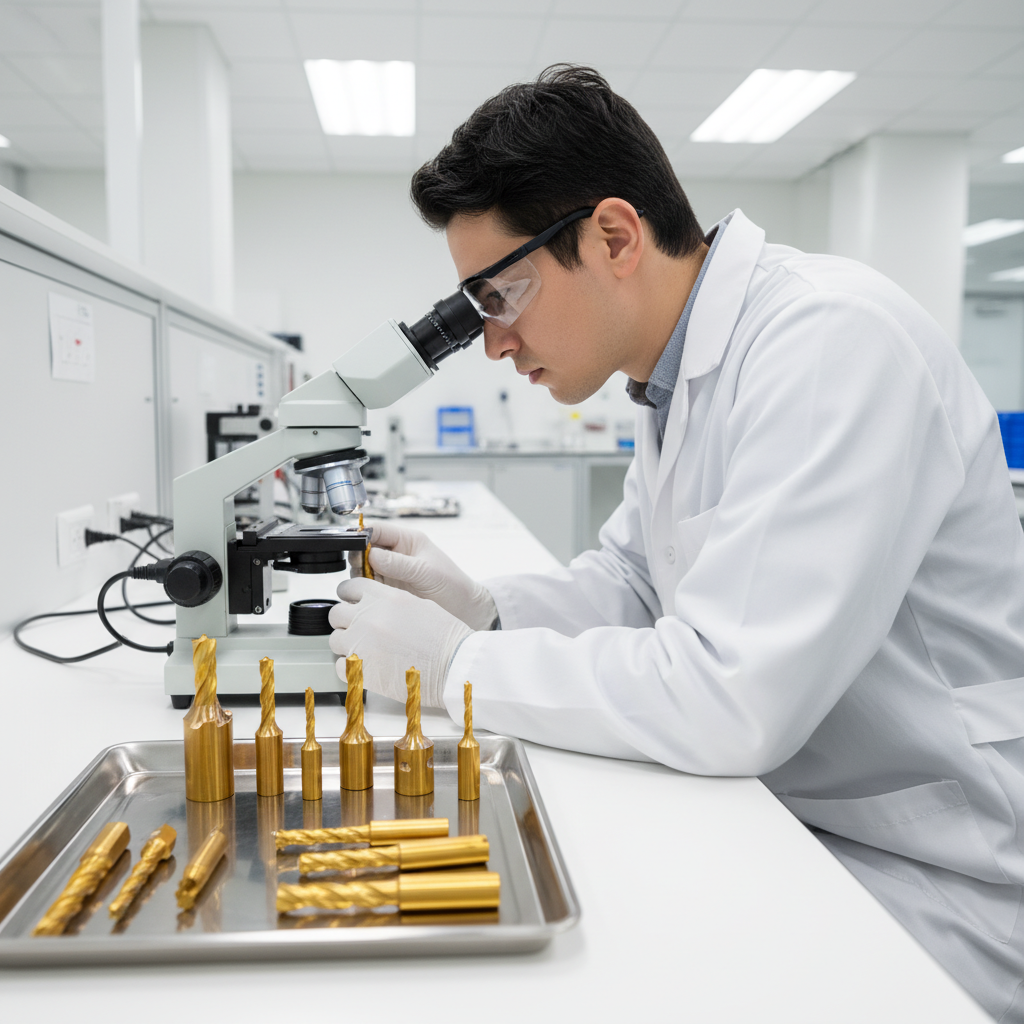 Engineer inspecting gold‑tinted coated tools in a clean QC lab to verify PE‑PVD film adhesion and thickness