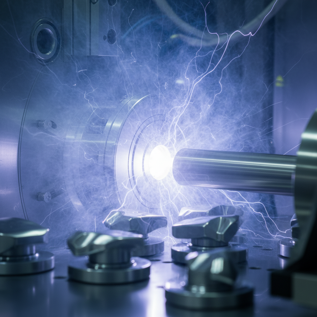 Close-up of plasma glow in a PE‑PVD chamber showing ionized gas around a rotating metal substrate
