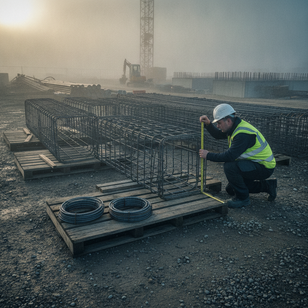 Side-angle view of pre-bent rebar cages and stirrups staged on pallets, ready for placement