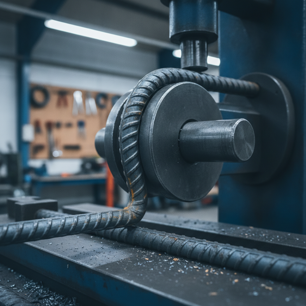Close-up of ribbed steel bar bending over a hydraulic die with proper inside radius