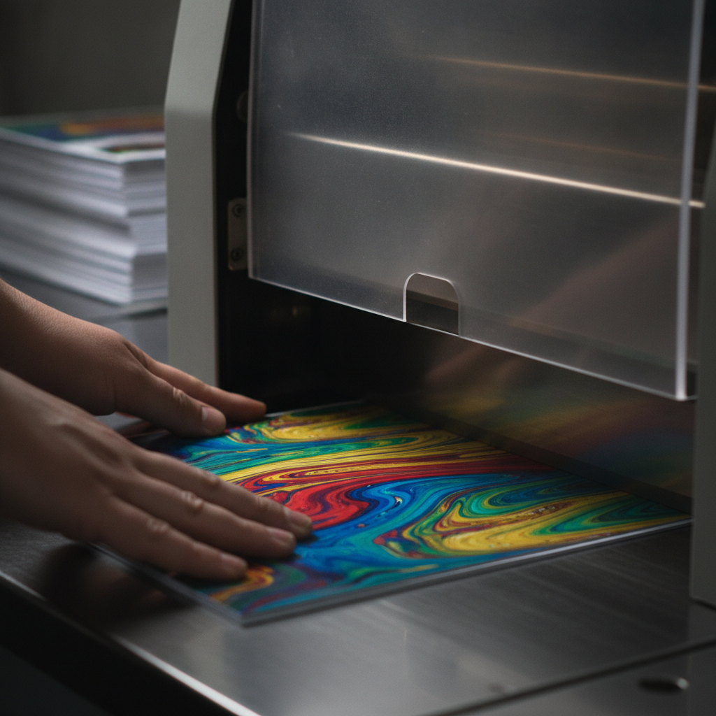 Close-up of glossy flyers being trimmed for same-day flyer pickup, showing CMYK color and clean edges