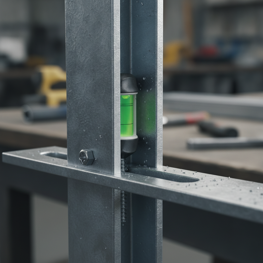 Close-up of steel stud seated in slotted deflection track with centered level bubble for accurate stud wall framing