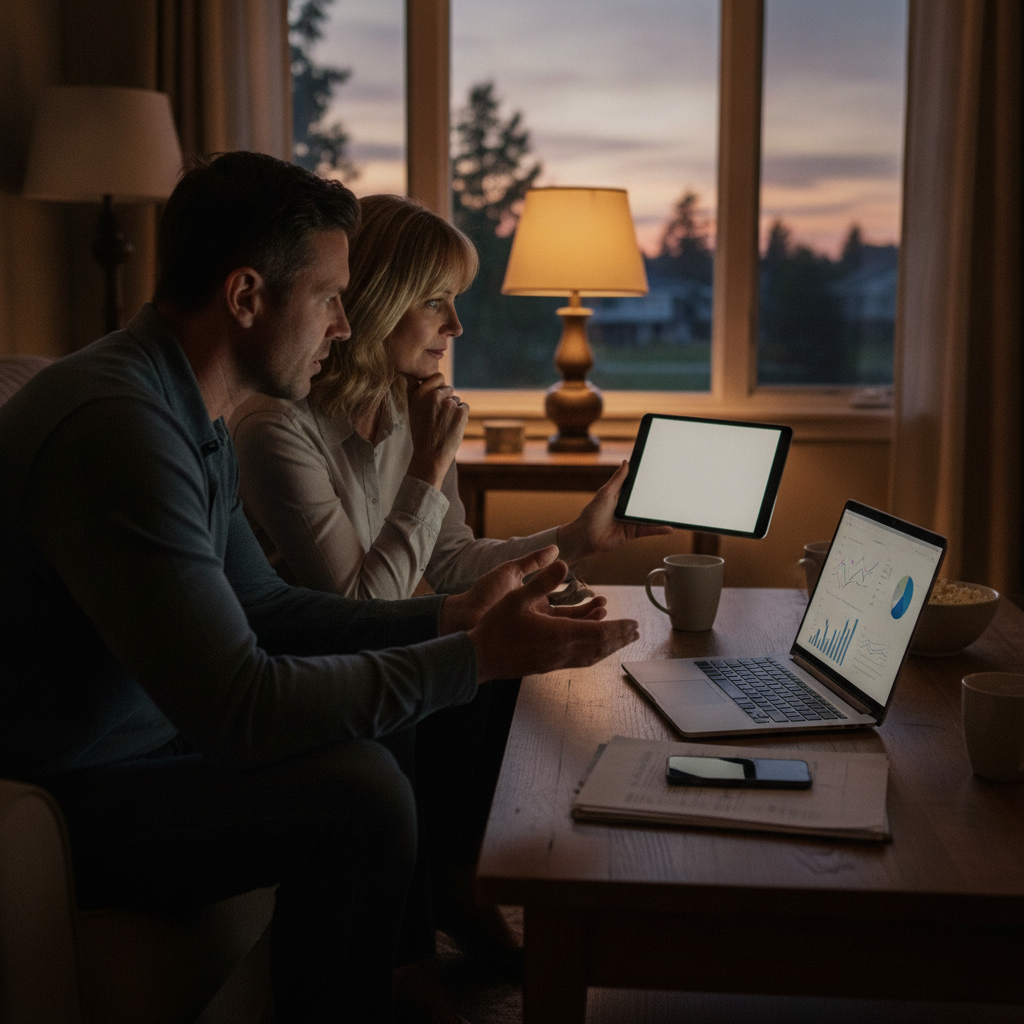Homebuyers discussing a counter offer with a realtor in a living room, representing real estate negotiation strategy