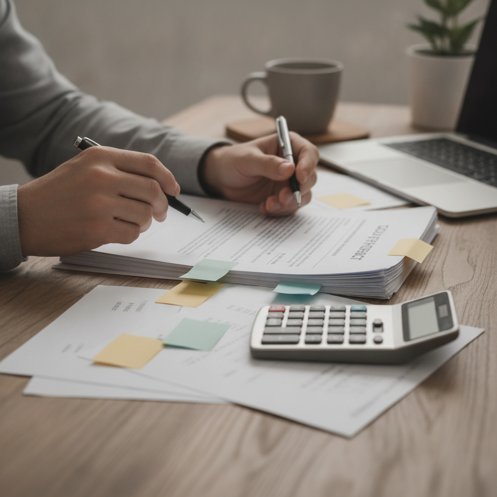 Close-up of hands revising a real estate counter offer document with notes and calculator, illustrating counteroffer negotiation steps