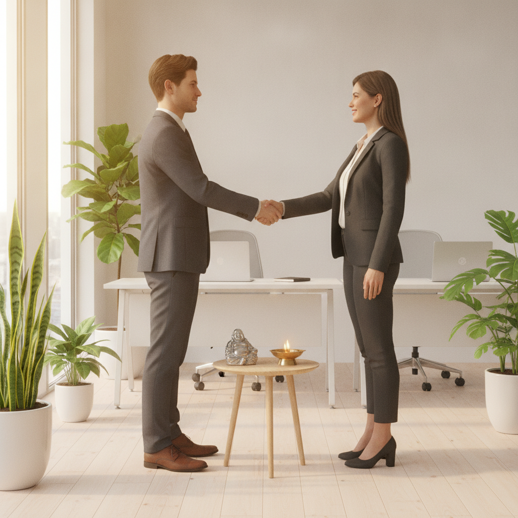 Entrepreneurs shake hands inside a bright new office after an auspicious business opening, plants and soft light suggest fresh start energy