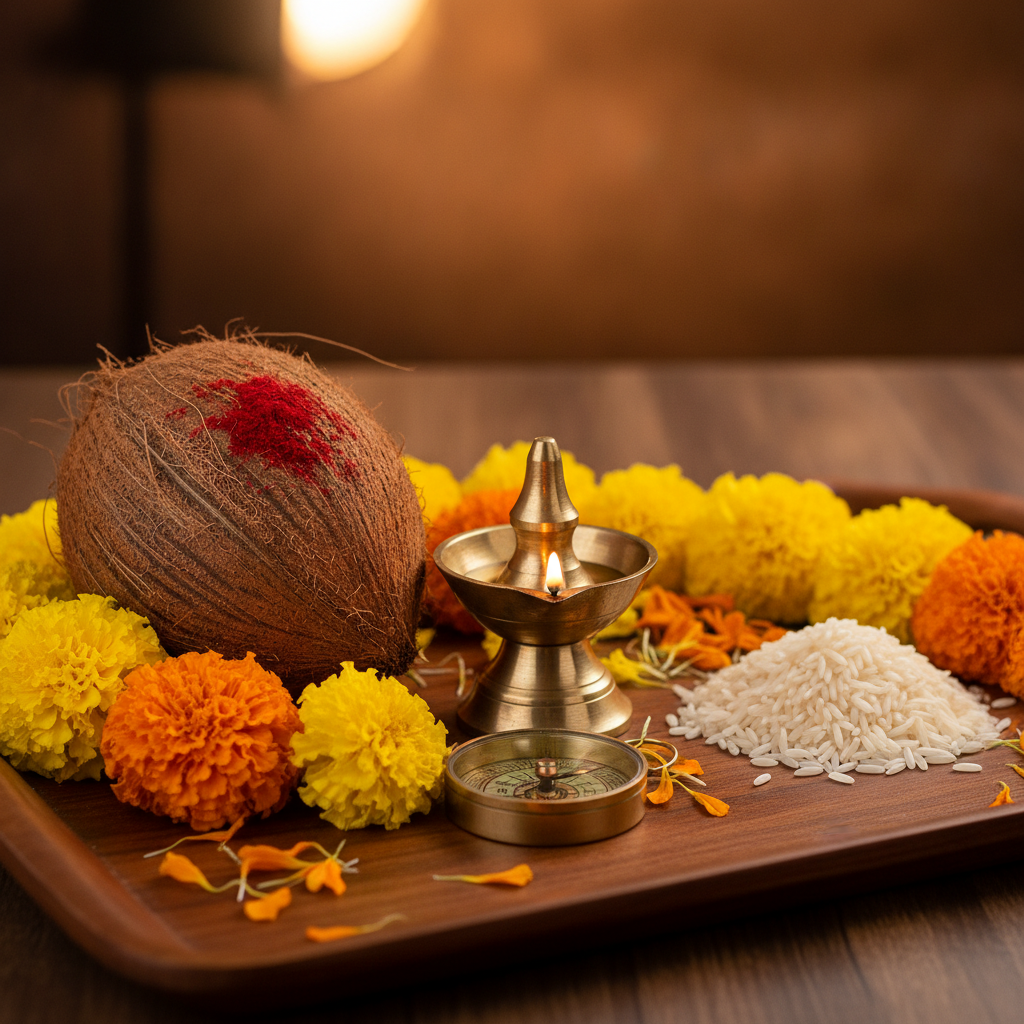 Vedic business muhurat essentials with brass diya, marigold, coconut, rice, and compass arranged for auspicious opening ceremony