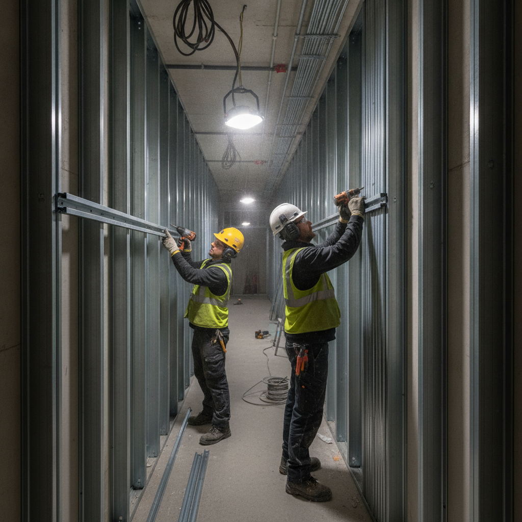 Installers fastening bridging and resilient channel to steel studs along a corridor wall for straighter stud wall framing
