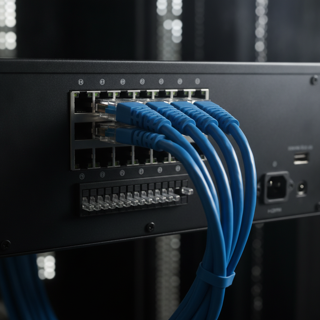 Close-up of NVR back panel with PoE switches and CAT6 cabling for security footage reliability