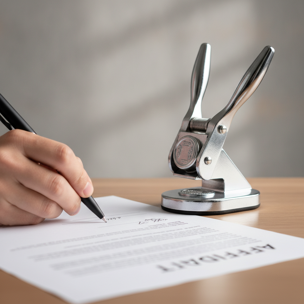 Close-up of affidavit signing beside a notary embosser, illustrating commissioner of oaths witnessing steps in Etobicoke