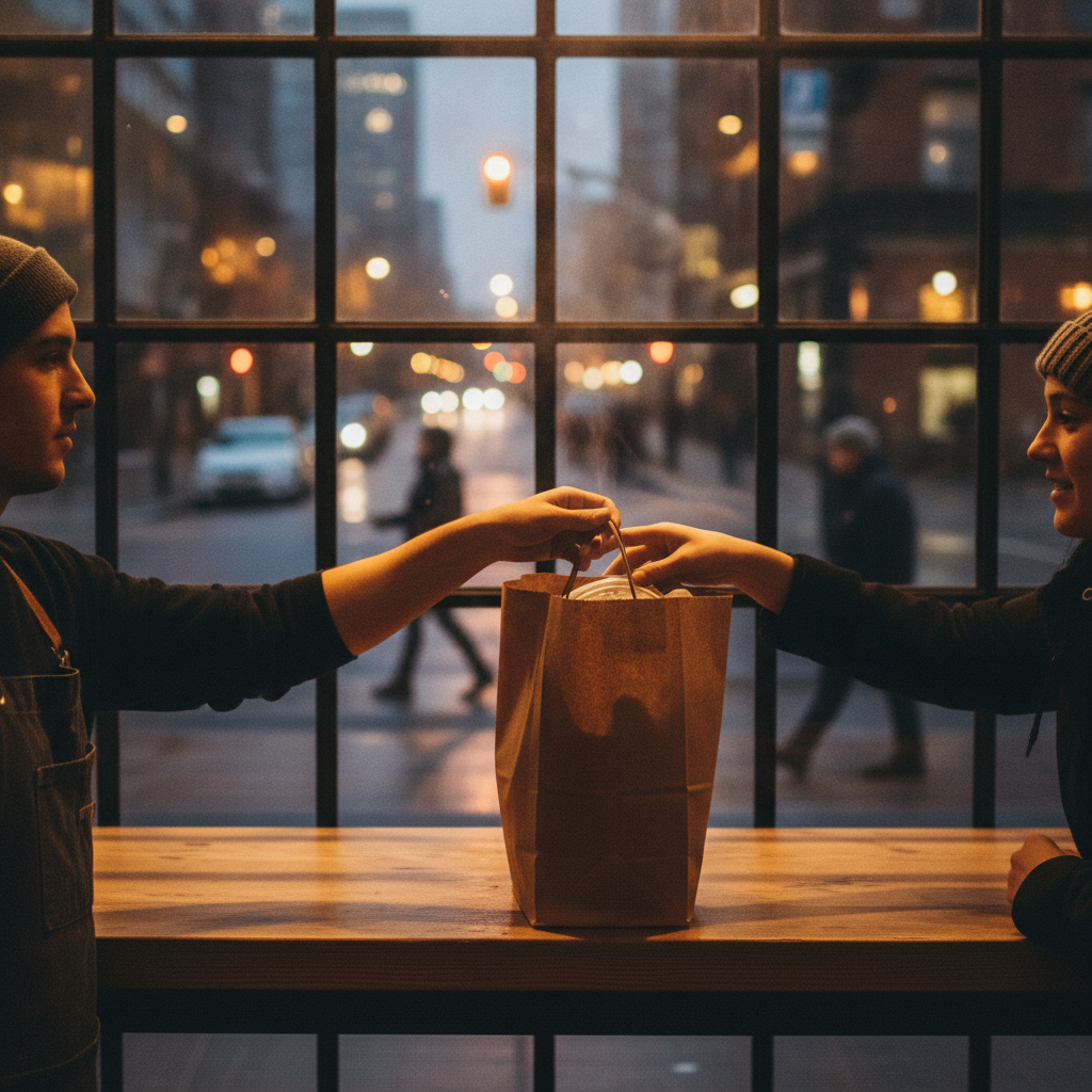 Shawarma delivery handoff with warm takeout bag at a Toronto counter, ideal for testing pickup vs. delivery timing