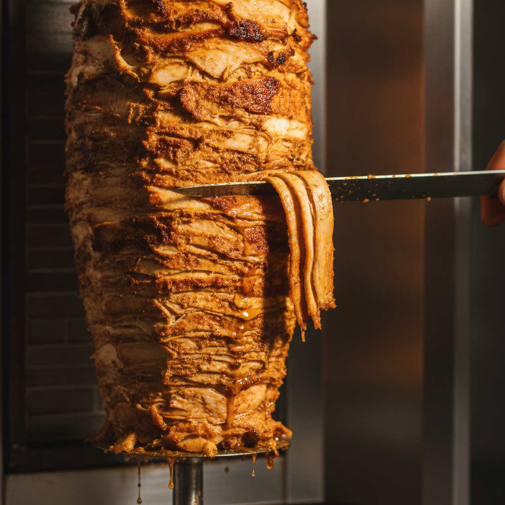 Close-up of shawarma spit carving technique with thin, even slices and caramelized edges for authentic shawarma in Toronto