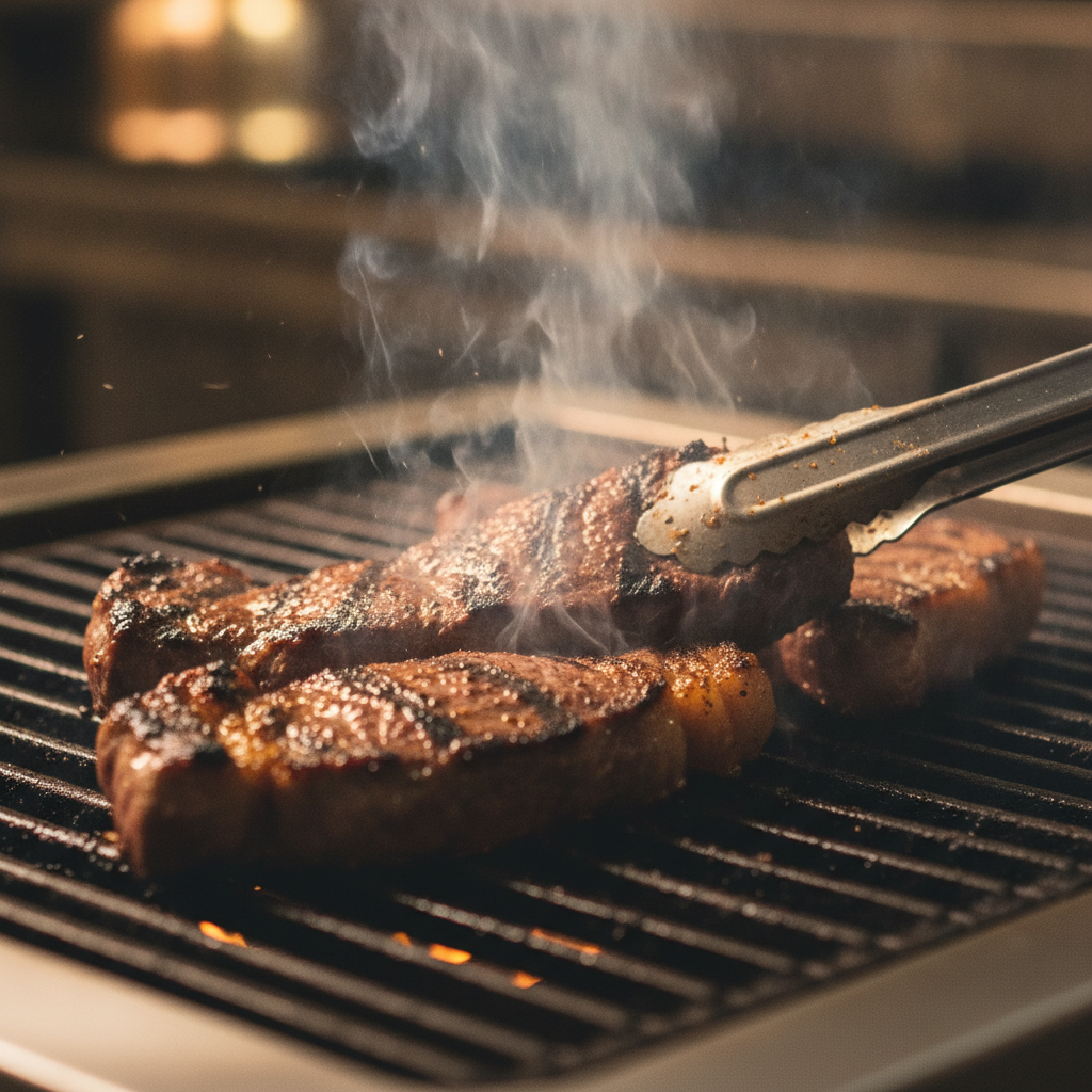 Close-up of carne asada sizzling on a grill for Toronto casual Mexican dining