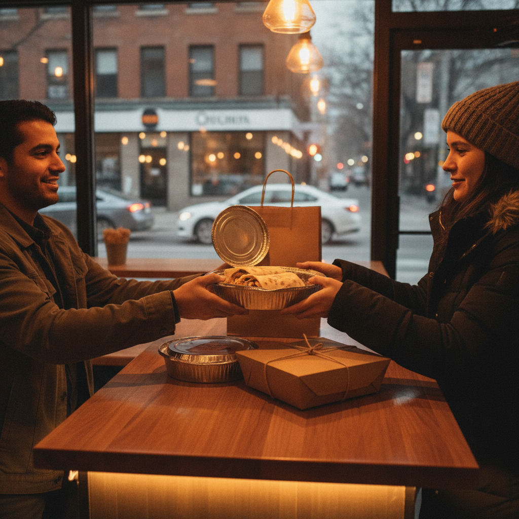 Mexican takeout being handed across a counter in a Toronto storefront