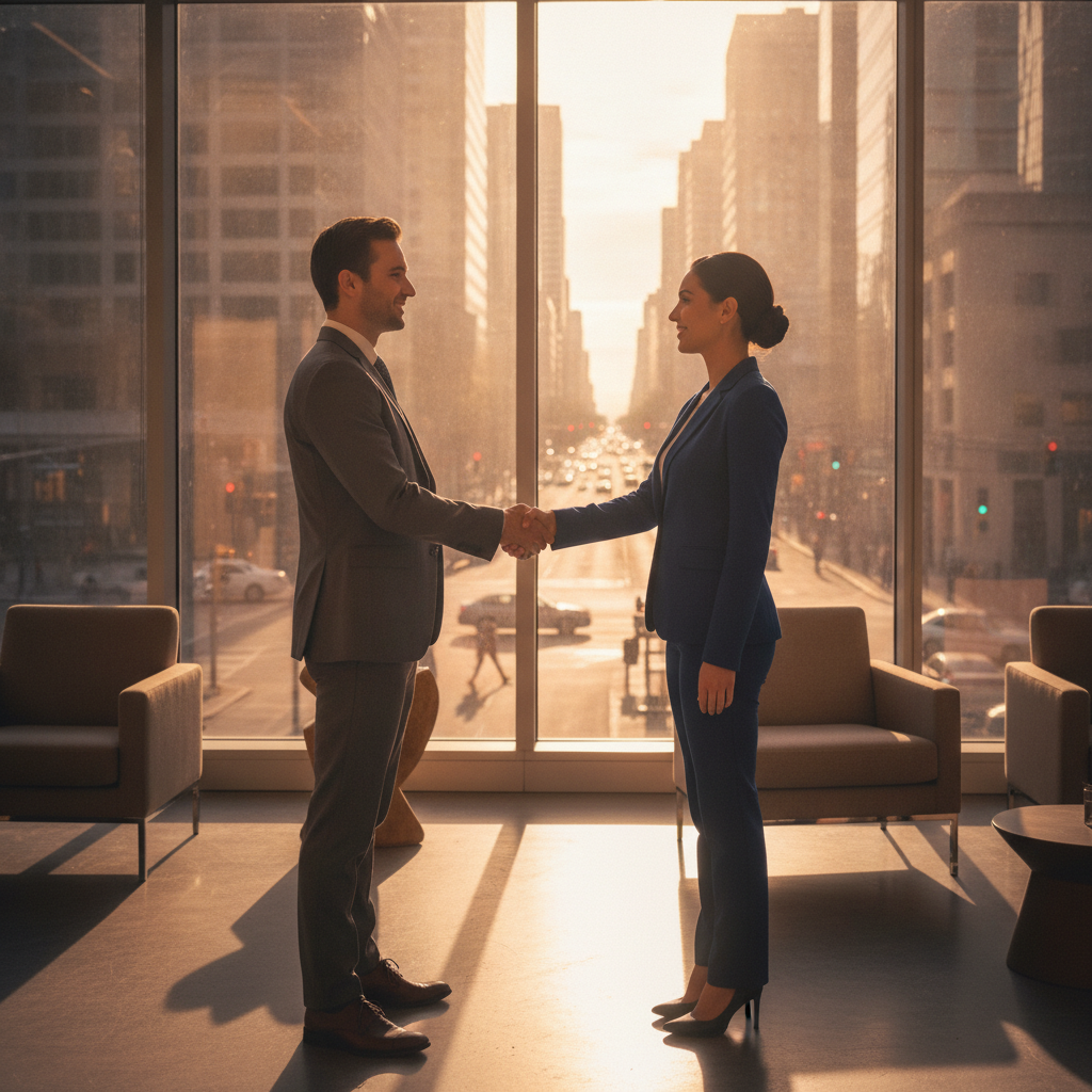 Client shaking hands with lawyer after receiving clear legal advice in Brampton office