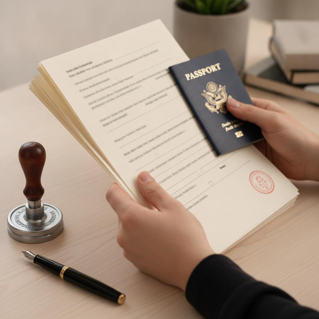 Close-up of immigration paperwork and notary seal used for tailored legal advice in Brampton