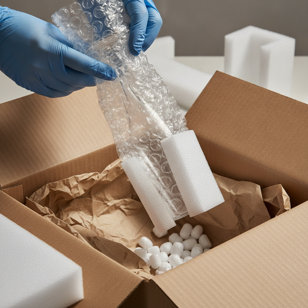 Professional export packing for international moving: bubble wrap, foam corners, and labeled cartons used by Dubai movers