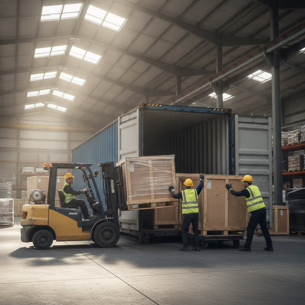 Dubai warehouse loading: movers staging export crates into a sea container for international moving