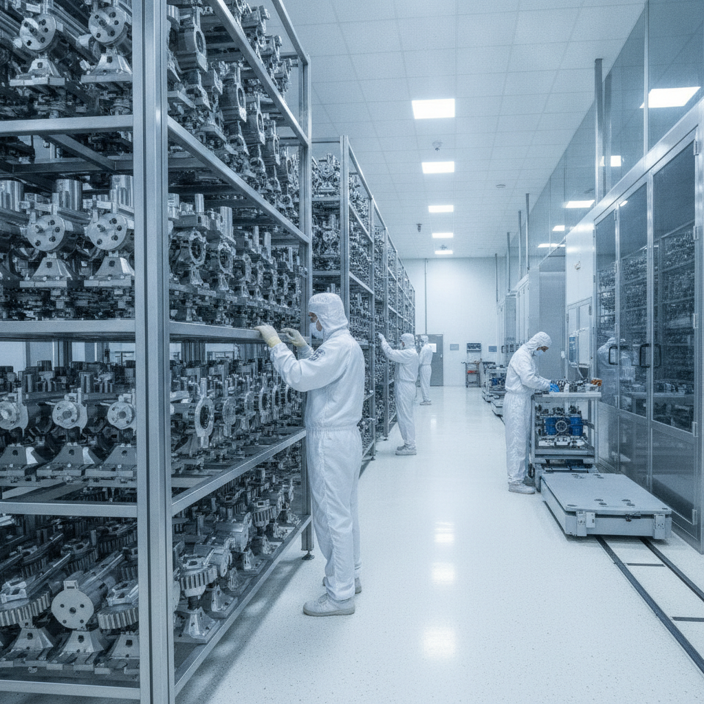 Tooling racks loaded with components prepared for physical vapor deposition at an industrial vacuum coating facility, illustrating production scale and workflow