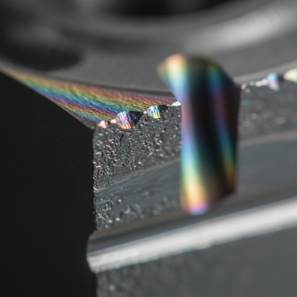 Close-up of a PVD-coated carbide insert showing thin film interference colors on the edge, illustrating magnetron sputtering film structure