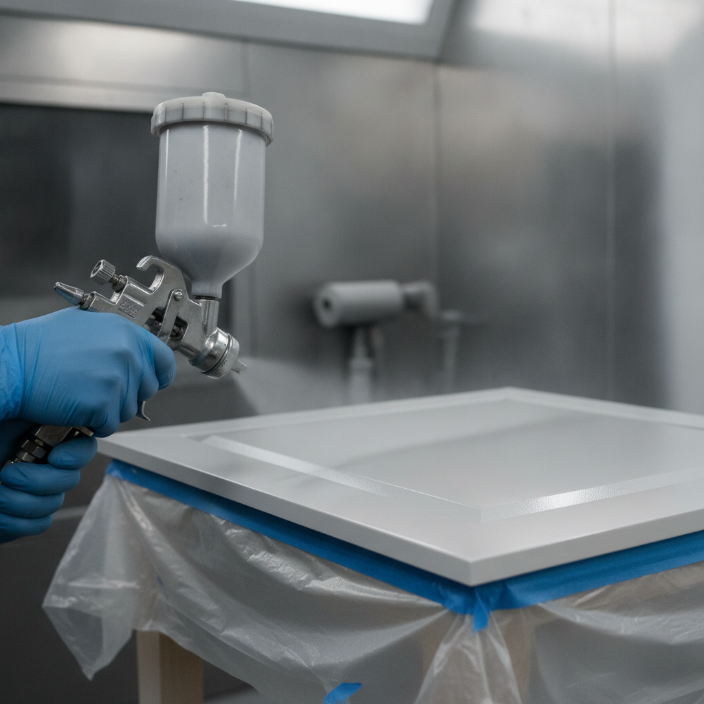 HVLP spray painting a cabinet door for redoing cabinets with a smooth, durable finish