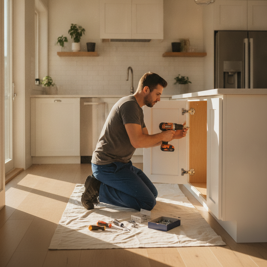 Technician reinstalling re-sprayed cabinet doors with concealed hinges after redoing cabinets