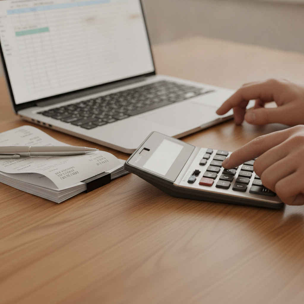 Close-up of hands using a calculator and laptop while organizing tax documents for income tax services