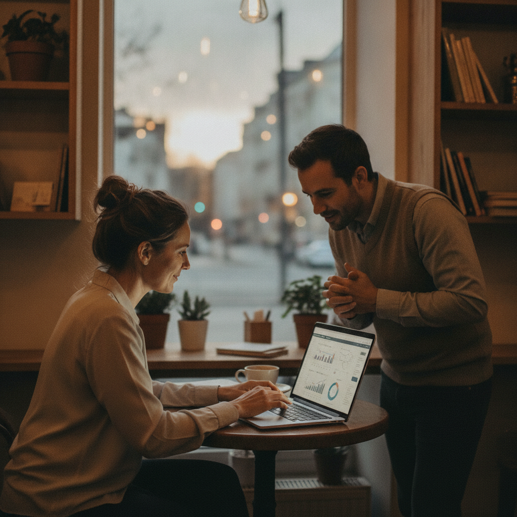 Small business owner reviewing cloud accounting dashboards in a cafe as part of income tax services workflow