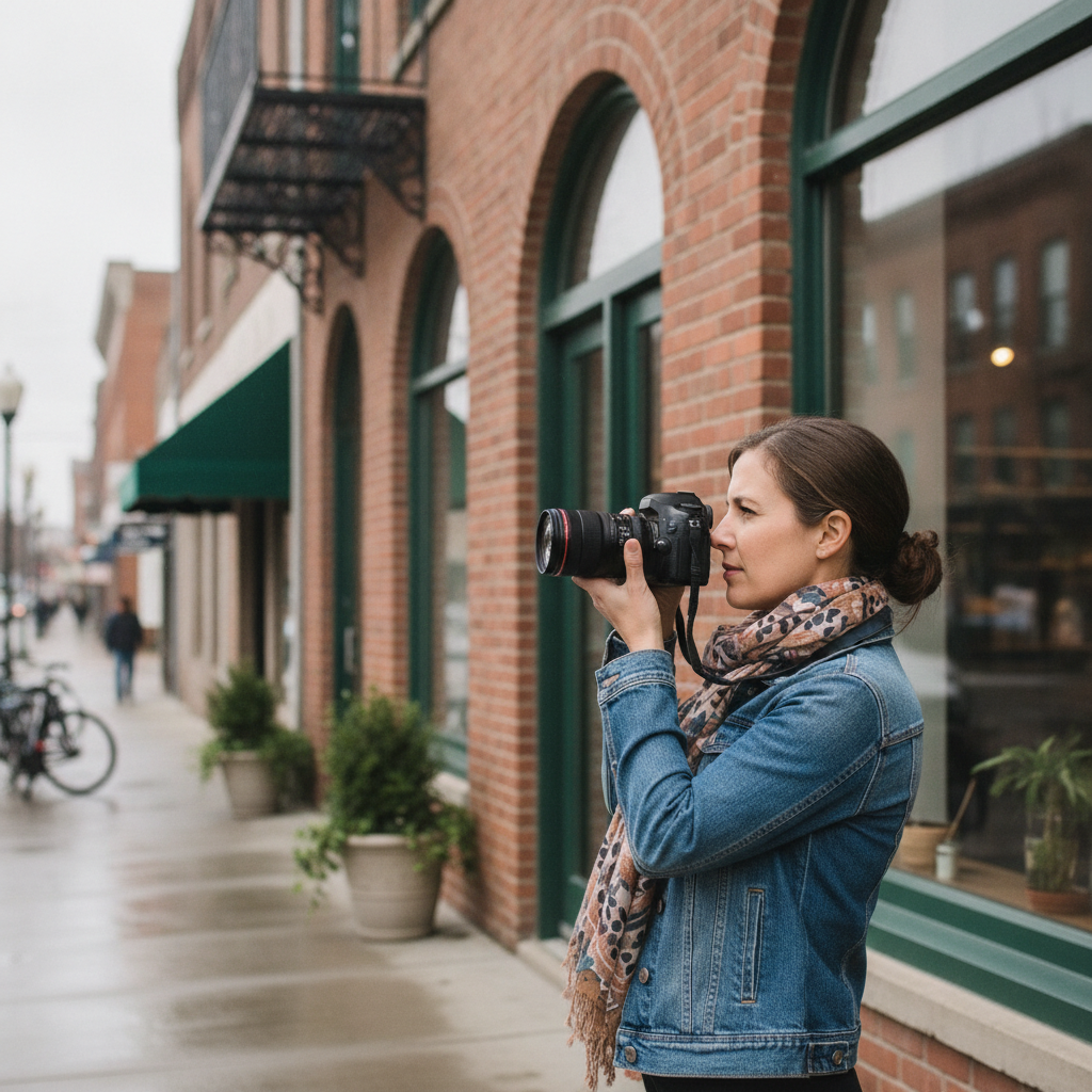Small business owner photographing a storefront exterior to improve Google Business Profile visuals