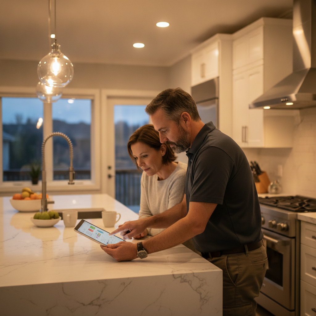 Home inspector reviewing a same-day PDF report with a homeowner at a kitchen island on a tablet
