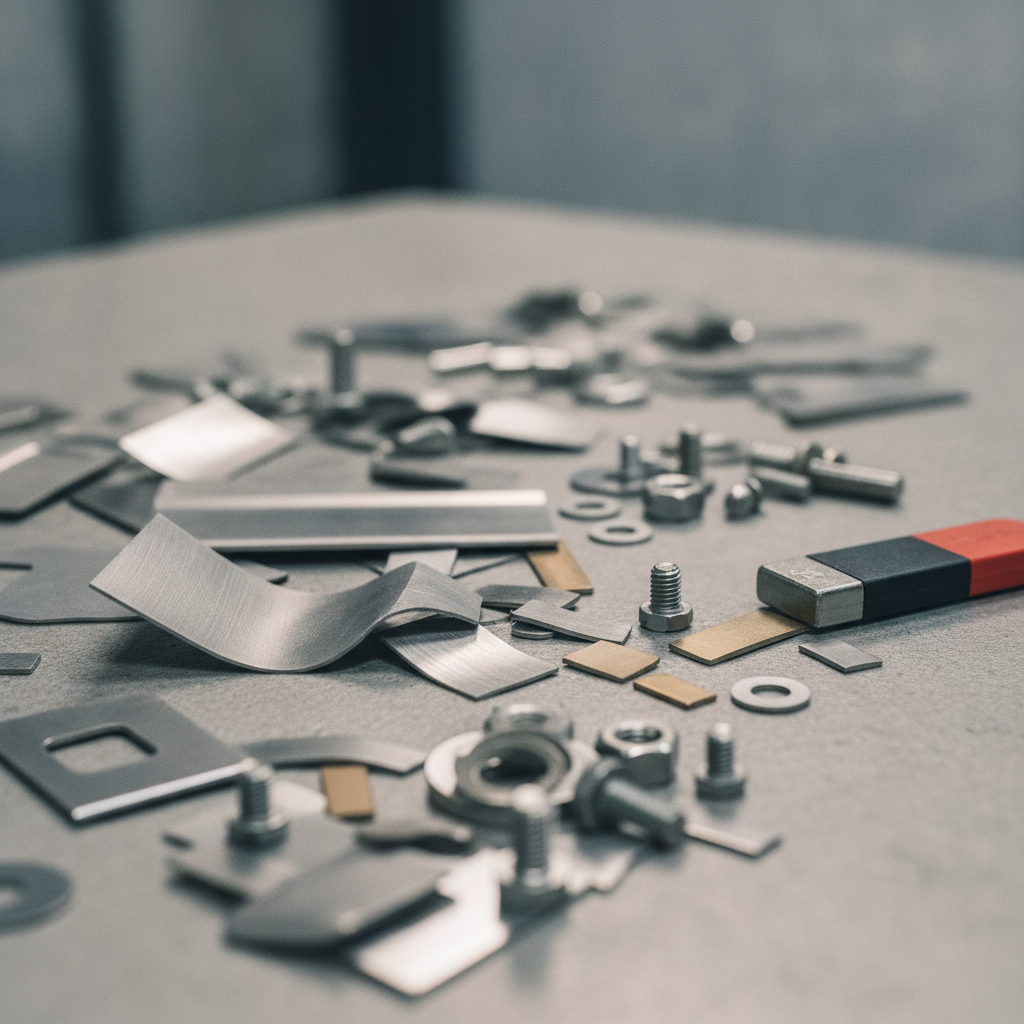 Close-up of mixed stainless steel scrap offcuts and fasteners sorted on a table for recycling at an Etobicoke scrap yard