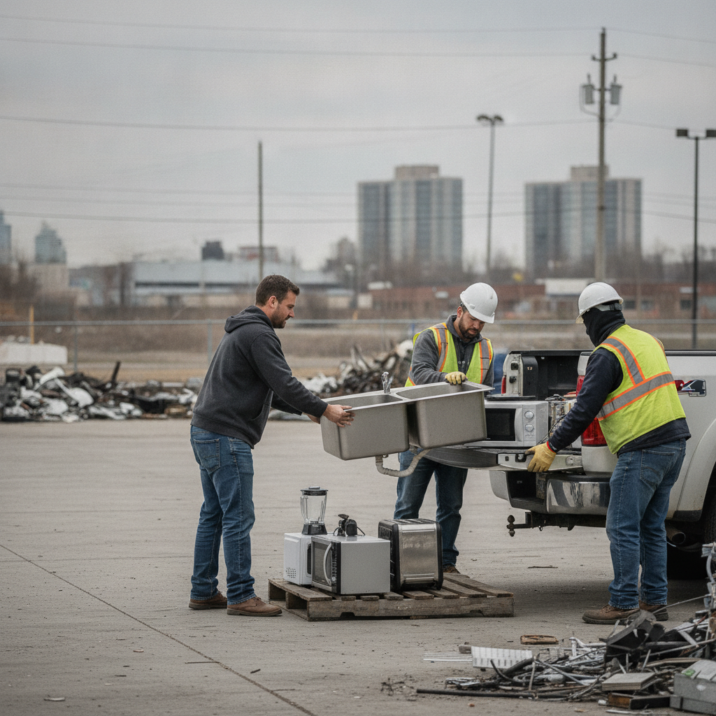 Customer unloading a stainless steel sink and small appliances at an Etobicoke scrap yard drop-off bay with staff assistance