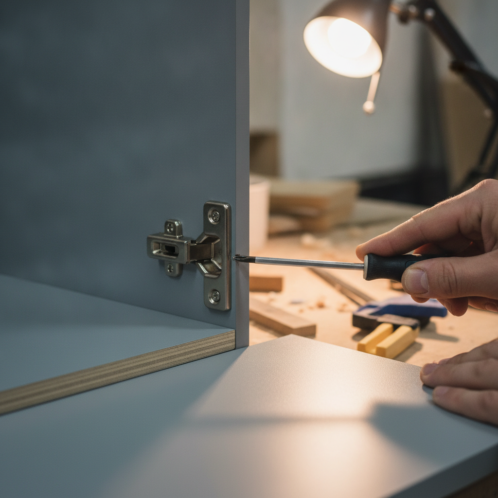 Close-up of a condo renovation contractor installing a soft-close hinge on a custom MDF painted cabinet door for GTA condo renovation