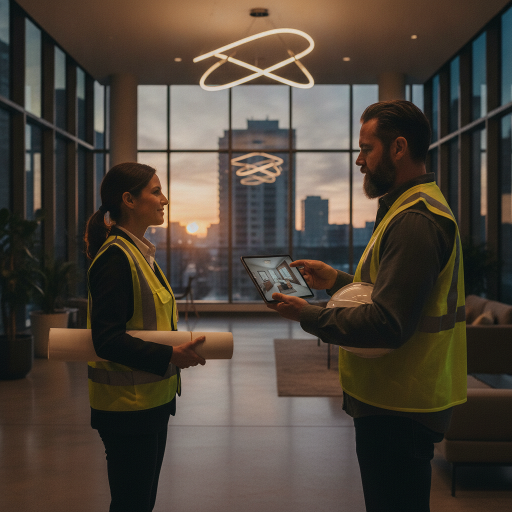Condo Renovation: Save Money & Avoid Delays in 2026 2 Condo renovation contractor reviewing 3D condo renovation plans with building management in a modern GTA lobby