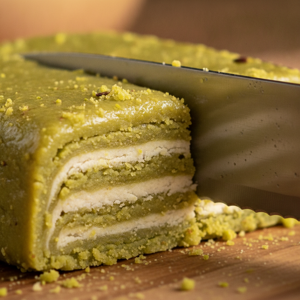 Close-up of pistachio barfi being sliced, showing glossy ghee sheen and fine pistachio crumbs in a professional kitchen