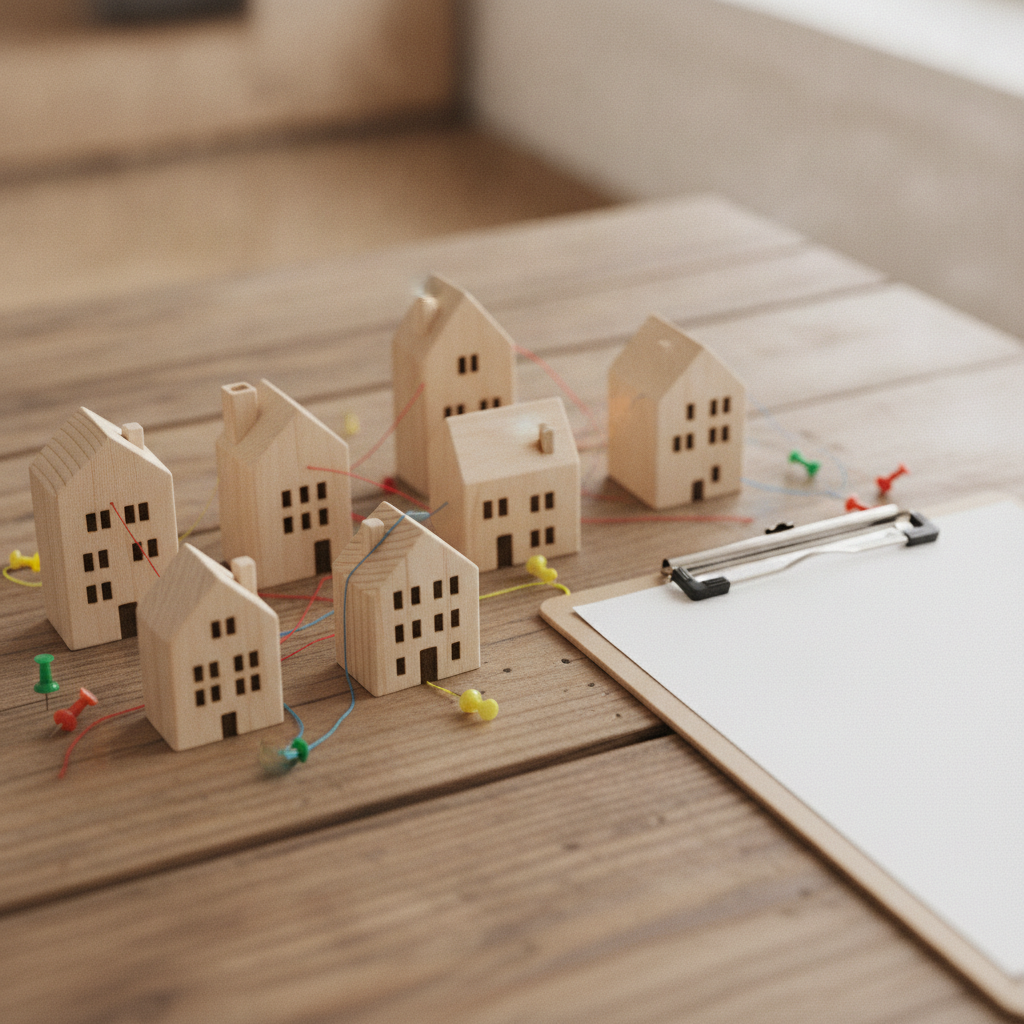 Detail shot of home pricing tools: house models and planning items for a pricing strategy for home sellers