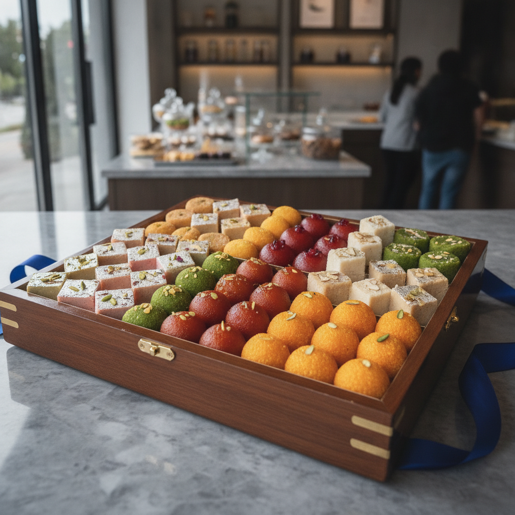 Featured wide shot of new Indian sweets in a premium gift box, showcasing barfi, gulab jamun, laddoo, and kalakand in a modern Brampton sweets shop