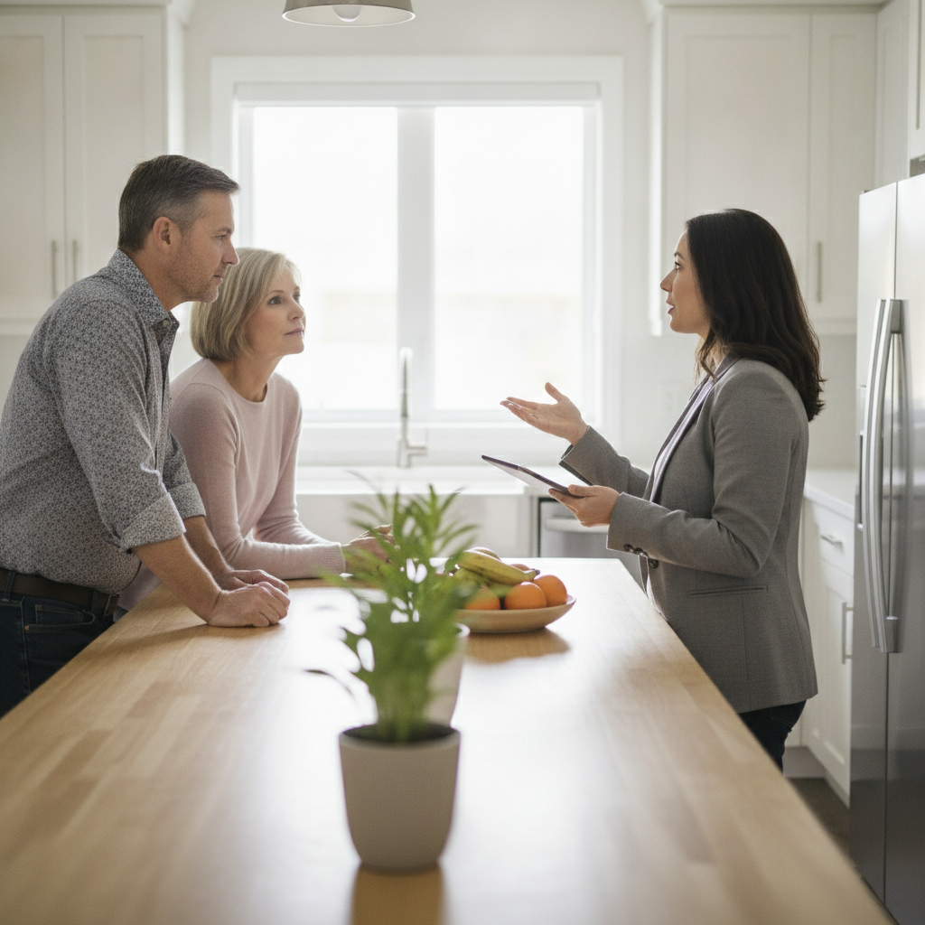 Real estate consultation at a Brampton kitchen island discussing a pricing strategy for home sellers