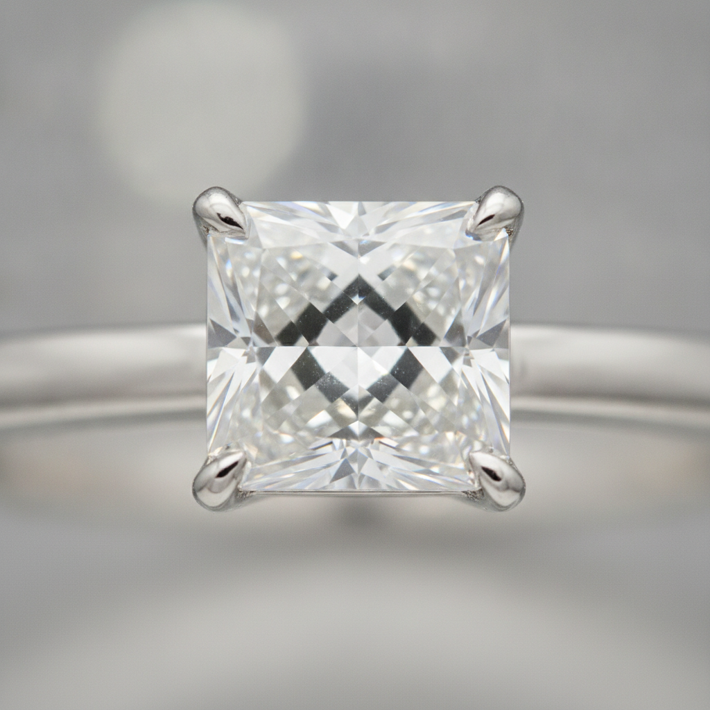 Macro of a princess cut diamond showing chevron facets, V-prongs, and crisp corners on a white gold band
