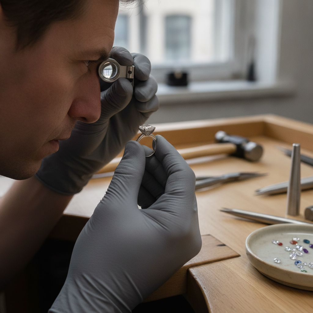 Jeweler inspecting a princess cut engagement ring under a loupe to verify cut precision and secure V-prongs