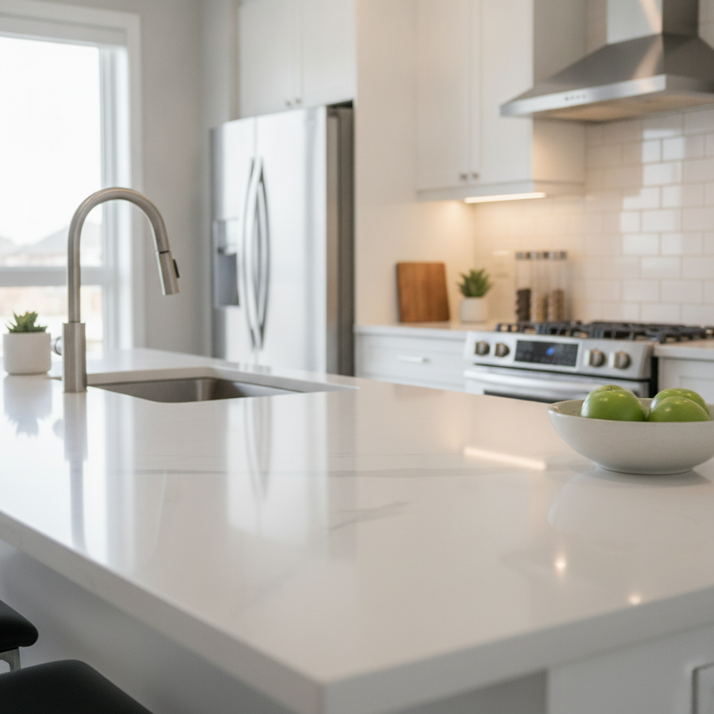 Modern Laurel Edmonton kitchen with quartz island and stainless appliances in a house for sale in Laurel Edmonton