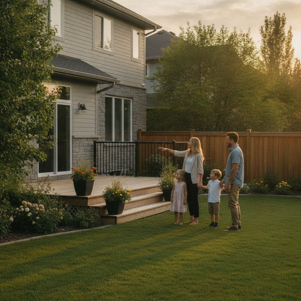 Edmonton real estate agent showing a Laurel home backyard to a young family during golden hour