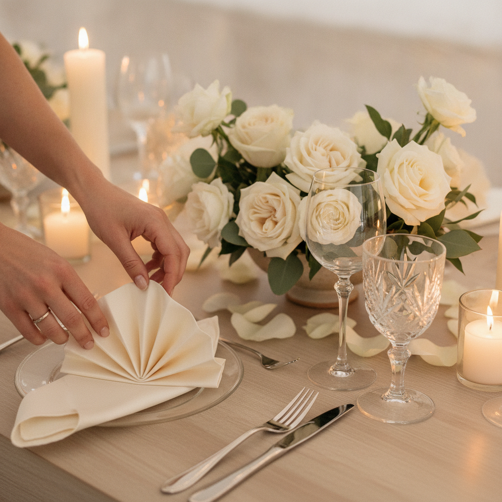 Event planner adjusting a refined wedding tablescape in Greater London, showcasing floral design, crystal glassware, and meticulous styling