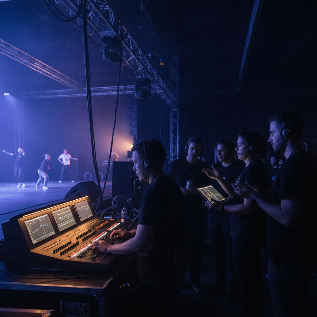 Backstage event production team coordinating lighting and stage cues before a corporate show, illustrating how an event planner leads technical control