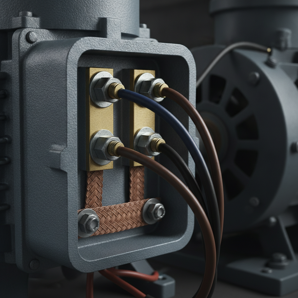 Close-up of three-phase motor terminal connections with color-coded conductors, illustrating three-phase electric power wiring detail