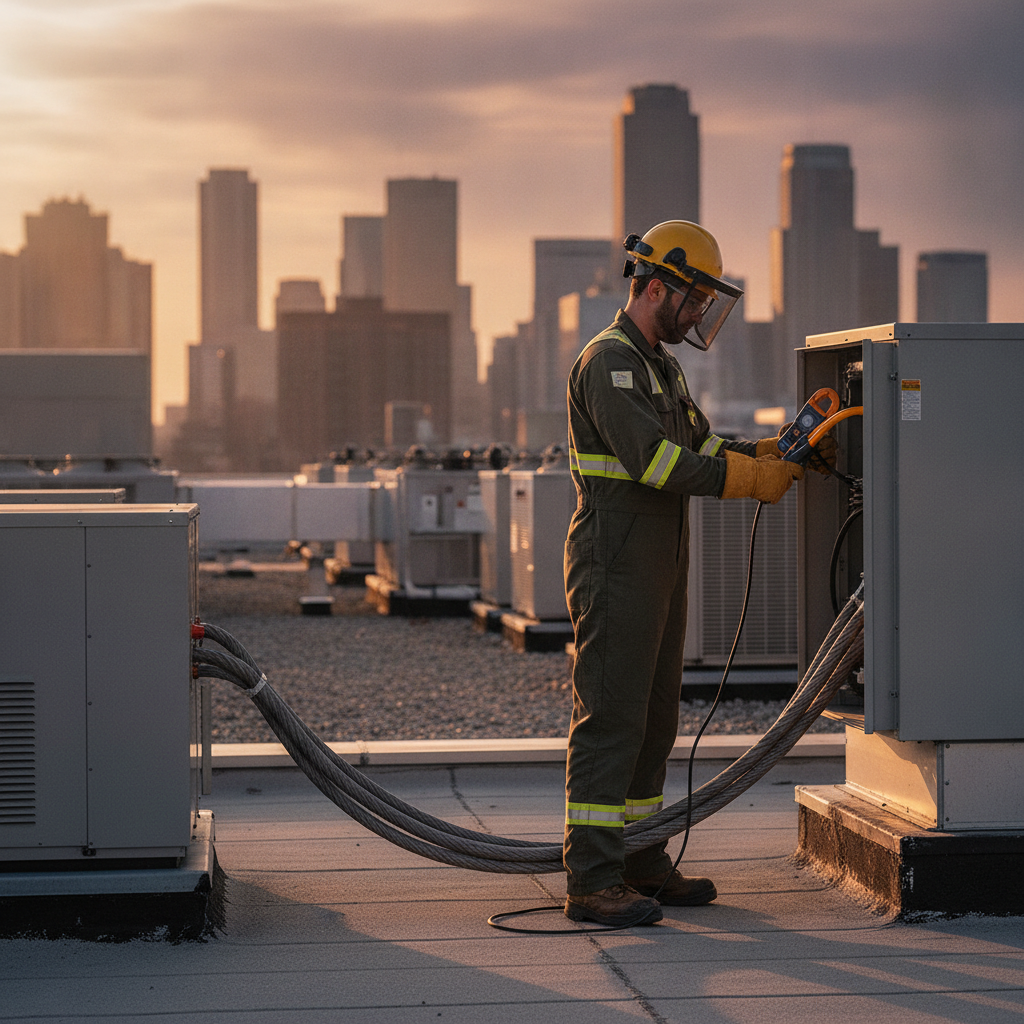 Licensed electrician testing rooftop HVAC three-phase disconnect with clamp meter, illustrating three-phase power in real world use
