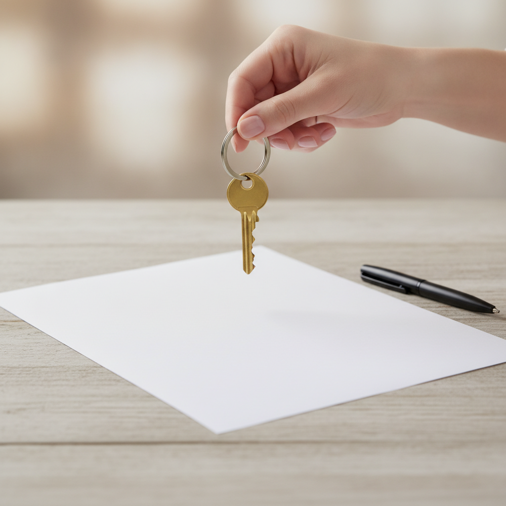 Close-up of a renter holding a house key above a table with a pen, symbolizing secure rental applications on a social real estate platform