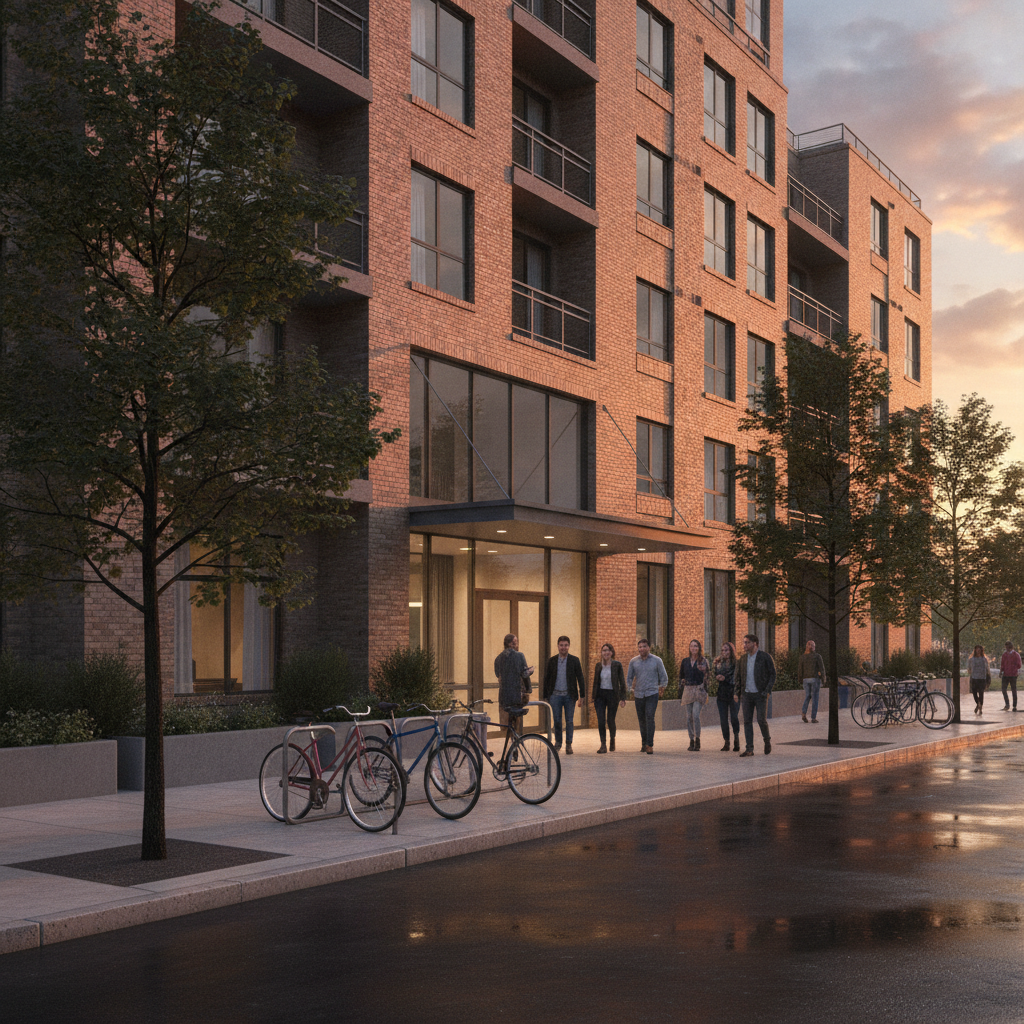 Street-level view of a mid-rise apartment building at golden hour, showing people arriving for a rental showing in Canada