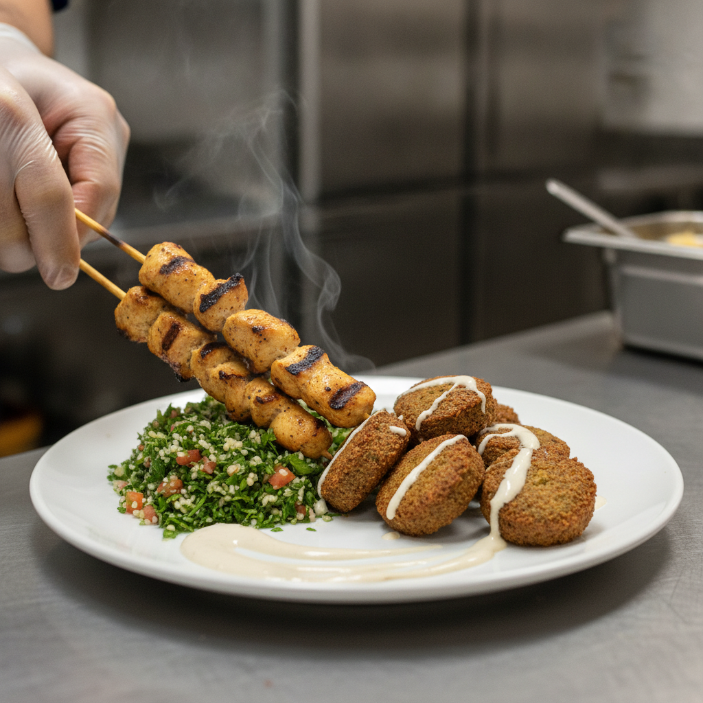Close-up of halal-friendly grilled chicken skewers and falafel being plated for corporate catering in Toronto