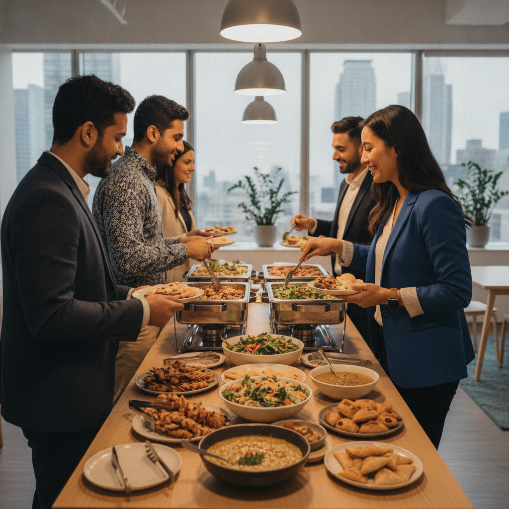 Office team serving from a halal-friendly buffet during a Toronto corporate event